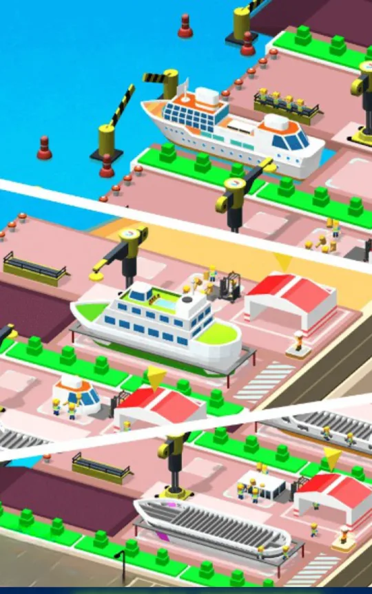 Schermata di gioco: il porto visto dall'alto, con le gru che caricano le navi e gli operai al lavoro sulle banchine.